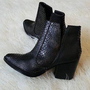 Black Leather Snakeskin Embossed Booties